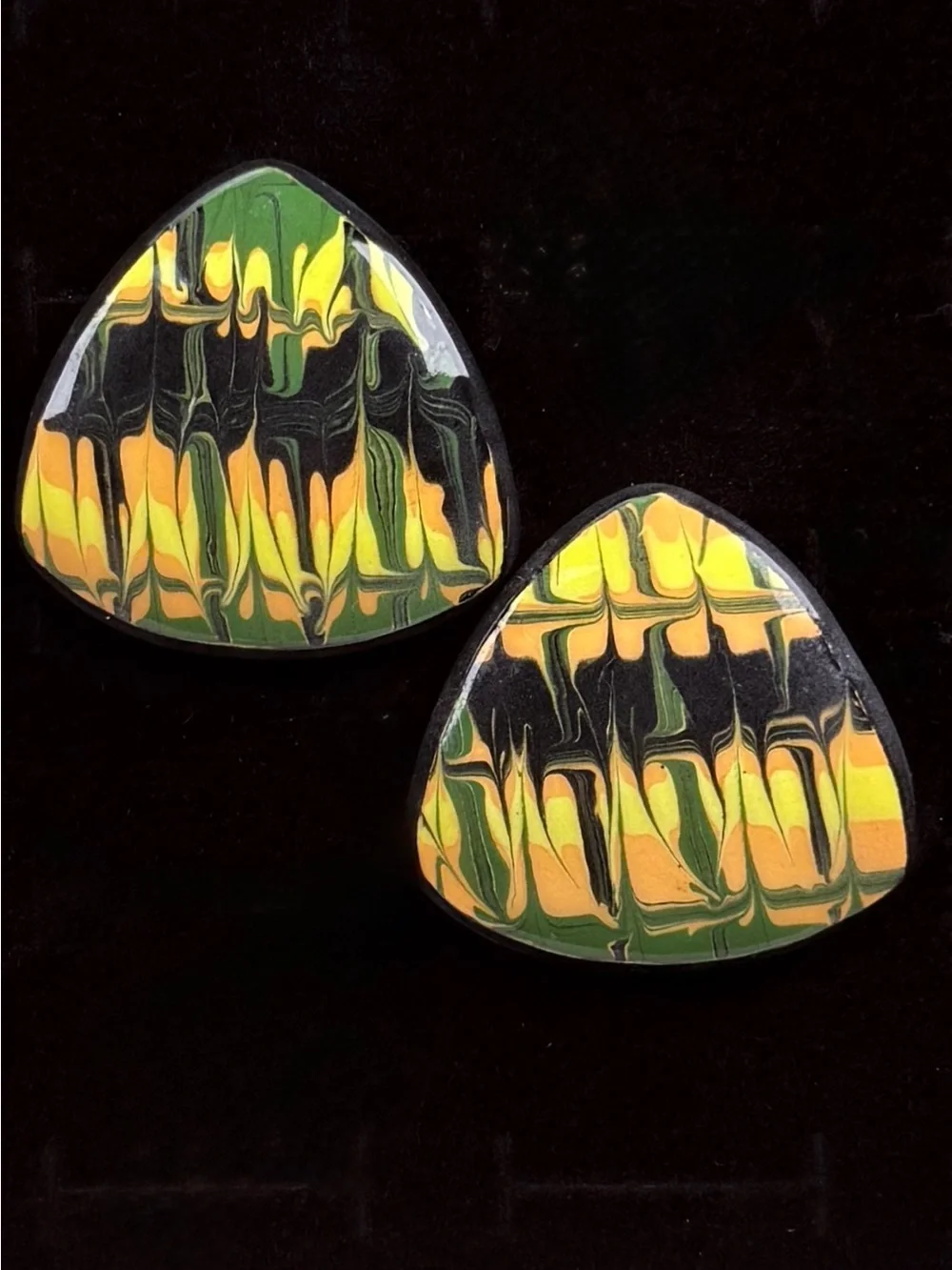 Vintage hand painted black green yellow Art Deco pierced earrings
